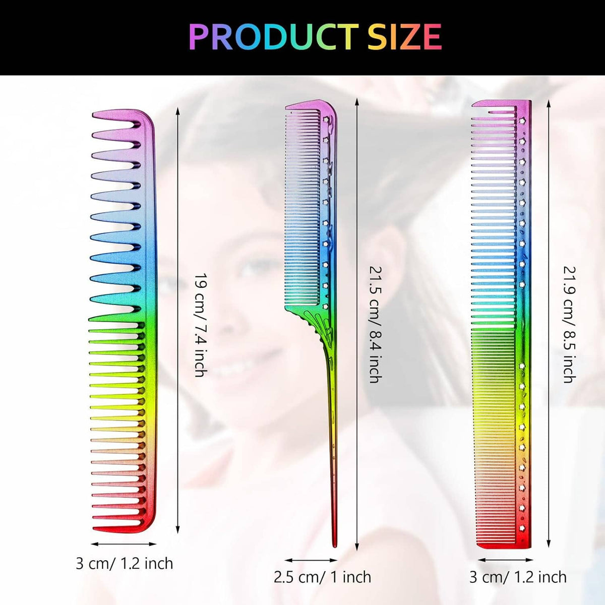 Rainbow fine-tooth comb set with long rat-tail comb and shorter comb sizes
