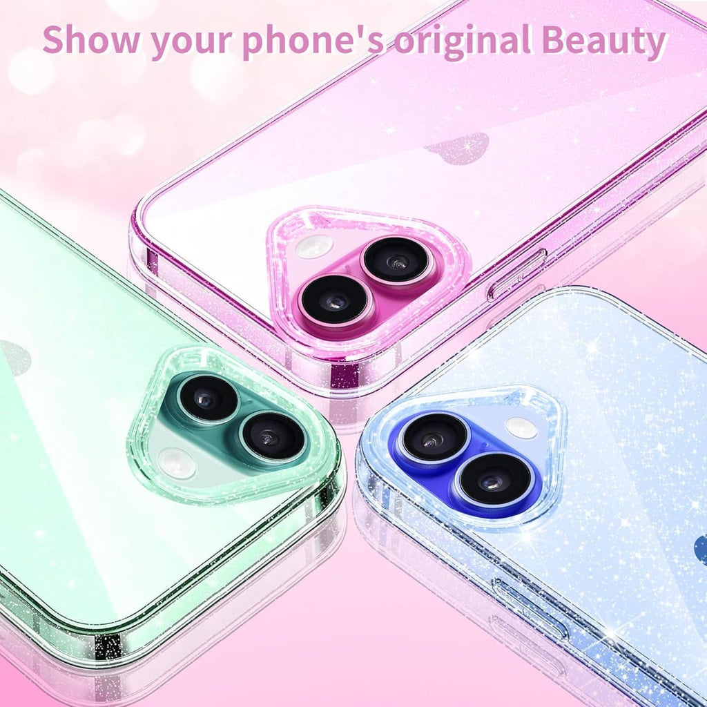 Clear glitter phone case options with pink, green, and blue sparkly back panels