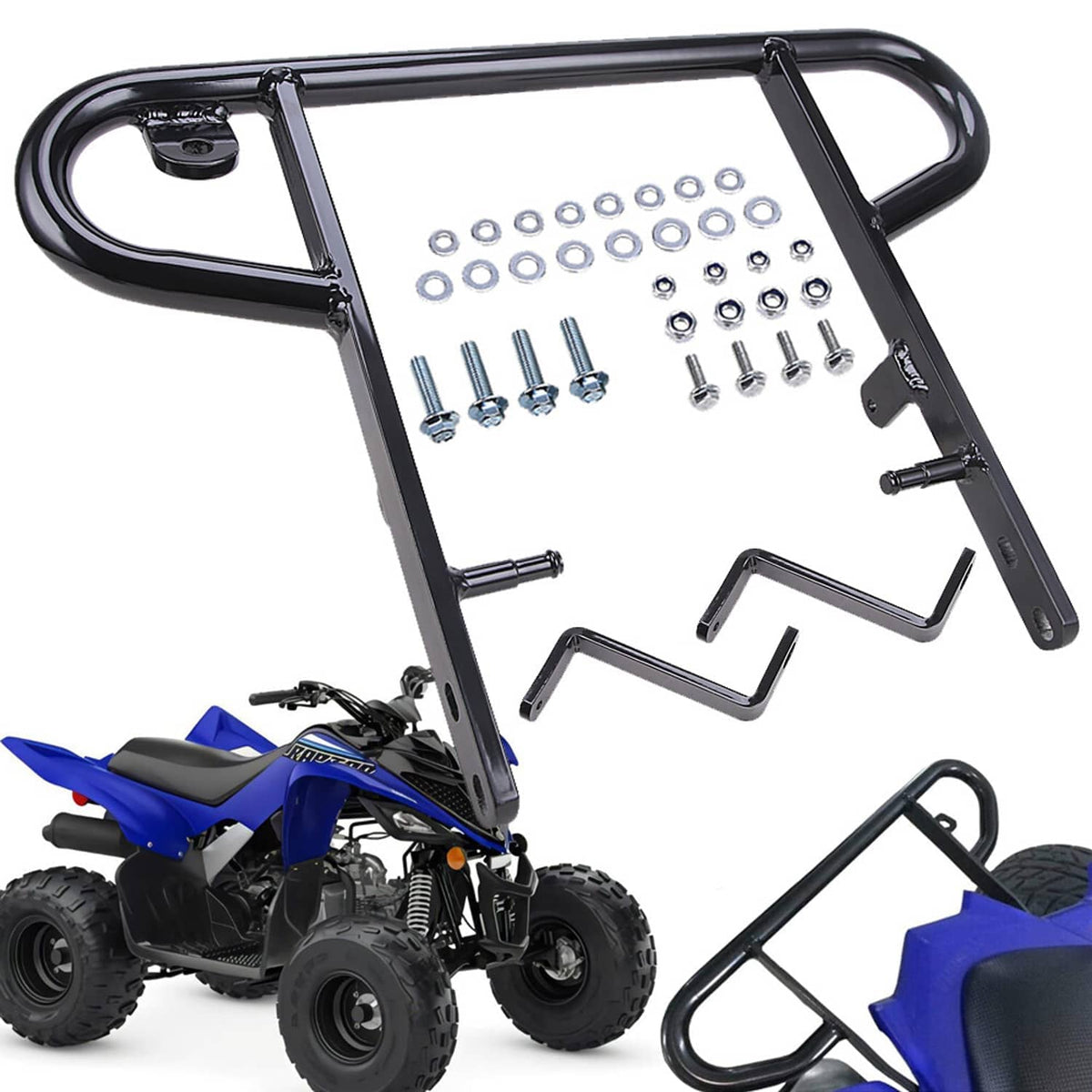 Rear wide aluminum grab bar with black finish and side handle loops, mounting plates
