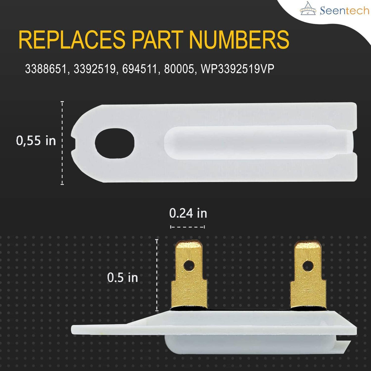 Dryer replacement latch: white plastic bar with two brass mounting tabs and round holes