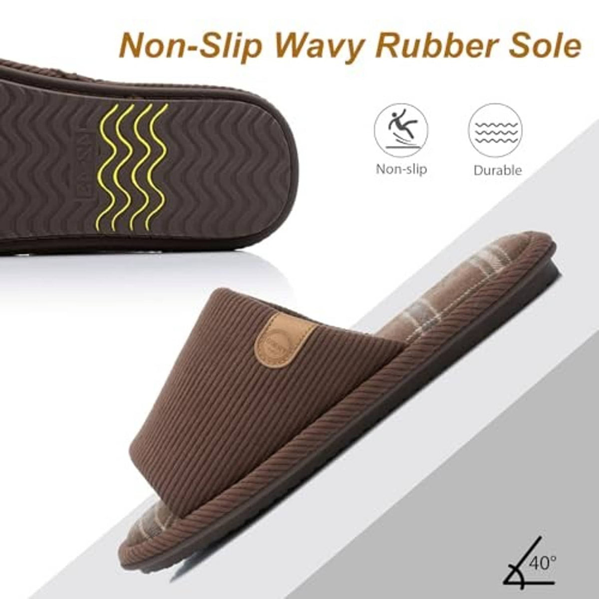 Brown corduroy slip-on slipper with textured non-slip sole and plaid lining