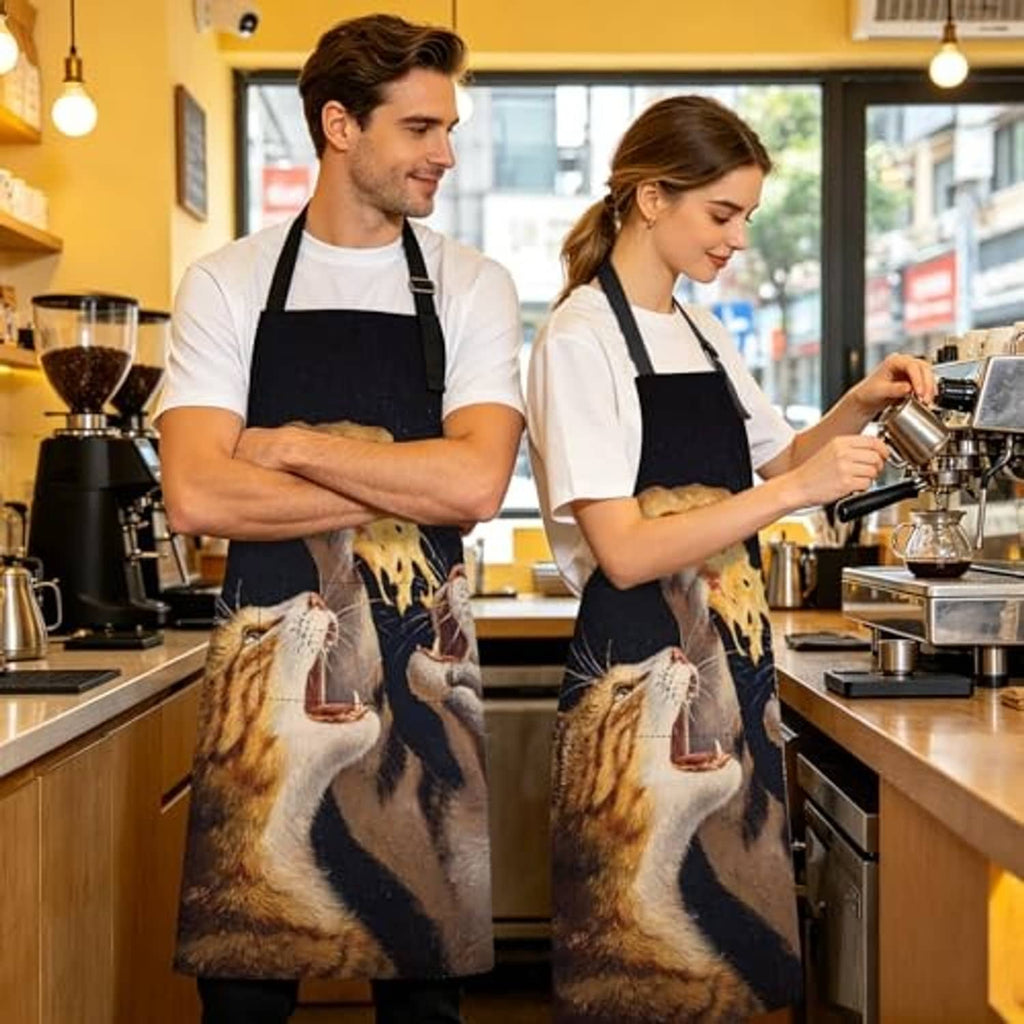 Black kitchen aprons with cat-and-dog print worn by two baristas in a cafe
