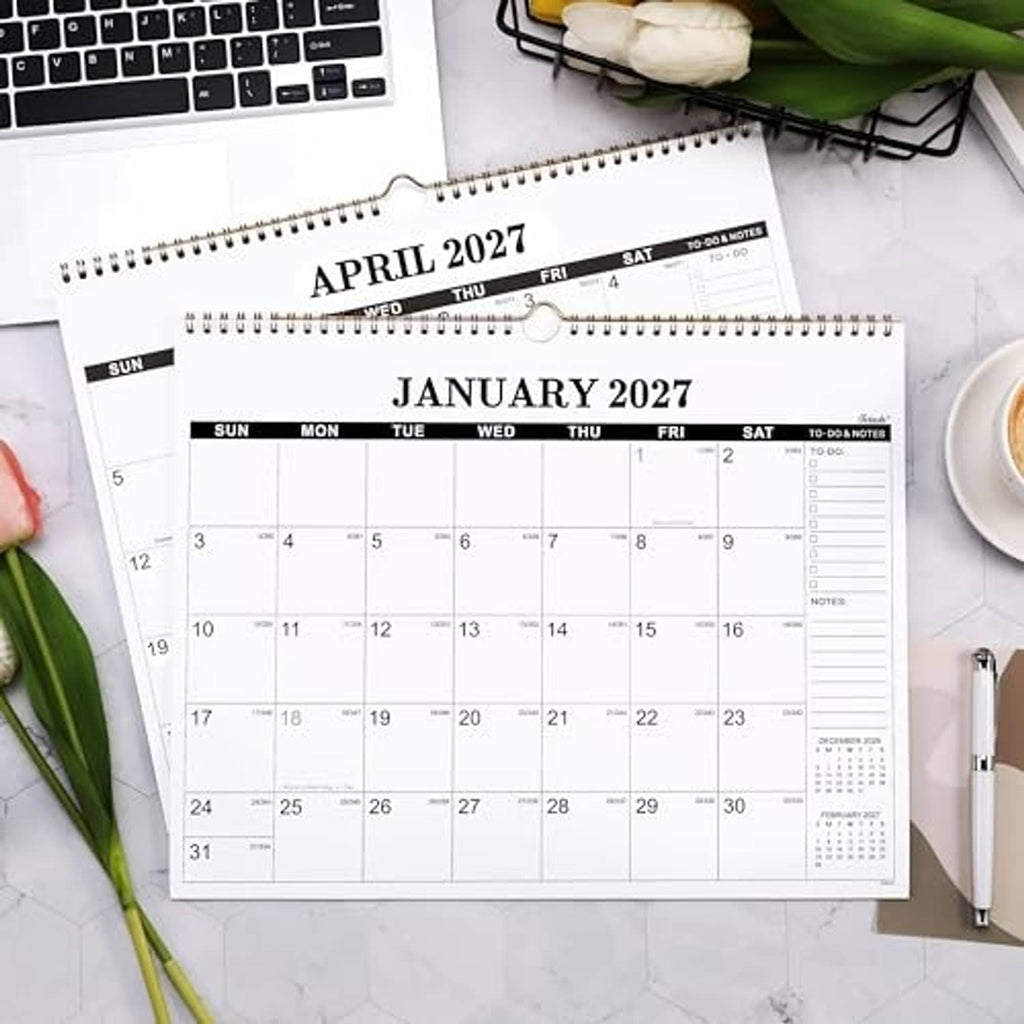January 2027 wall calendar laid flat with spiral binding and to-do & notes