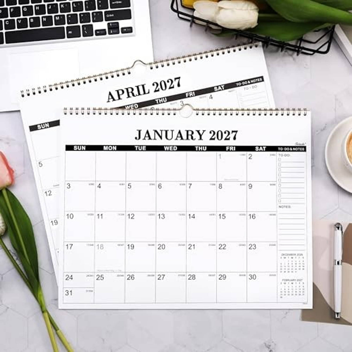 January 2027 wall calendar laid flat with spiral binding and to-do & notes