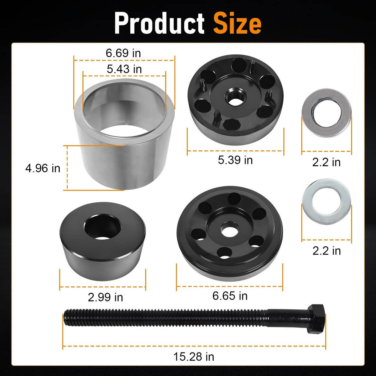 Bushing installation tool sleeve with black plates and threaded rod, shown with size markers