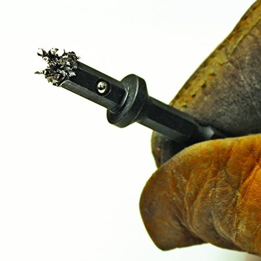Reversible hex driver bit tip on a black shank, held in work glove