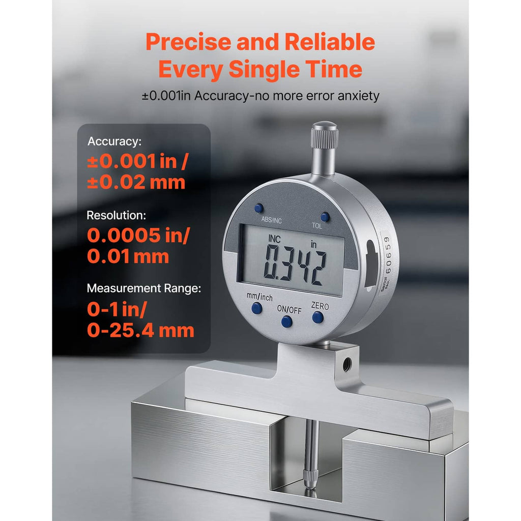 Digital depth micrometer on metal blocks with LCD display showing measurement