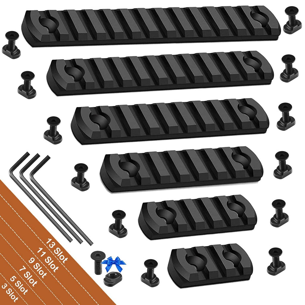 Black picatinny rail set with multiple rail pieces, T-nuts, and hex keys