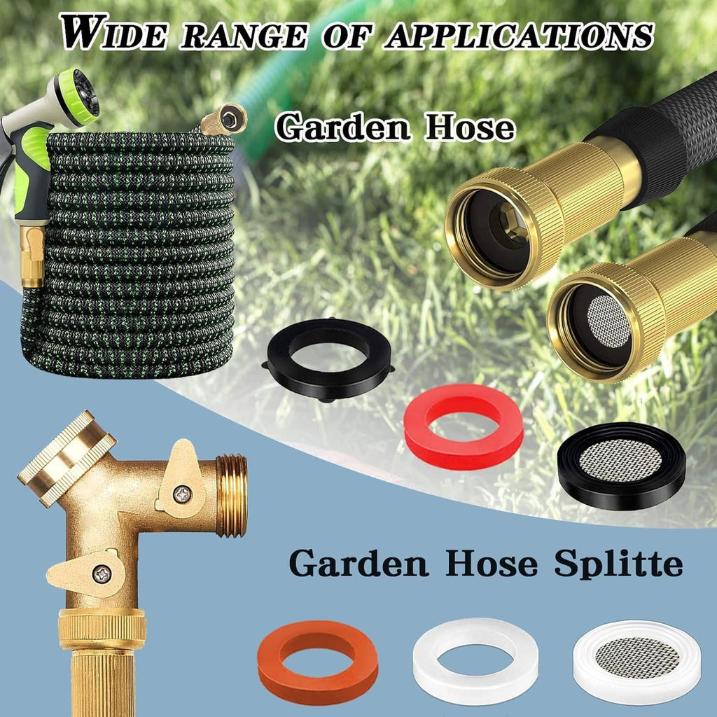 Garden hose gasket kit with ring washers in black, red, and white plus mesh filter screens