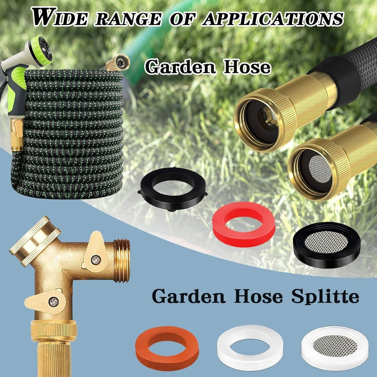 Garden hose gasket kit with ring washers in black, red, and white plus mesh filter screens