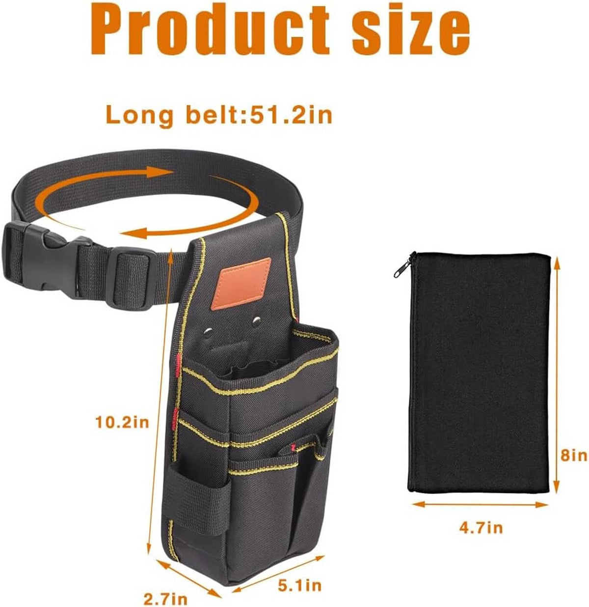 Black tool belt pouch with long belt strap and orange patch; product size diagram.
