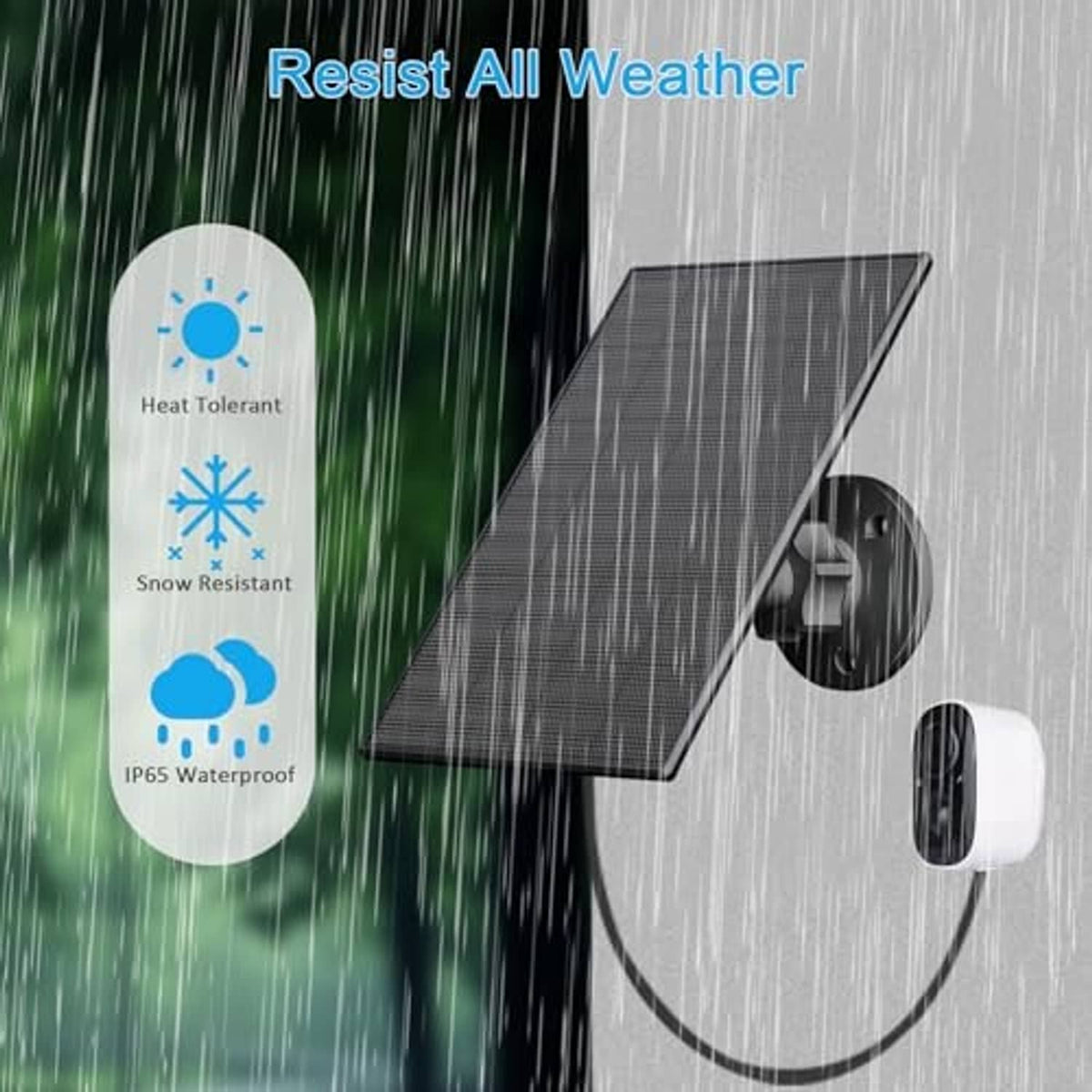 Outdoor weatherproof solar panel with wall mount and cable, rain and snow icons
