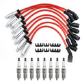 Red spark plug wire set with black boots, silver terminals, and eight spark plugs.