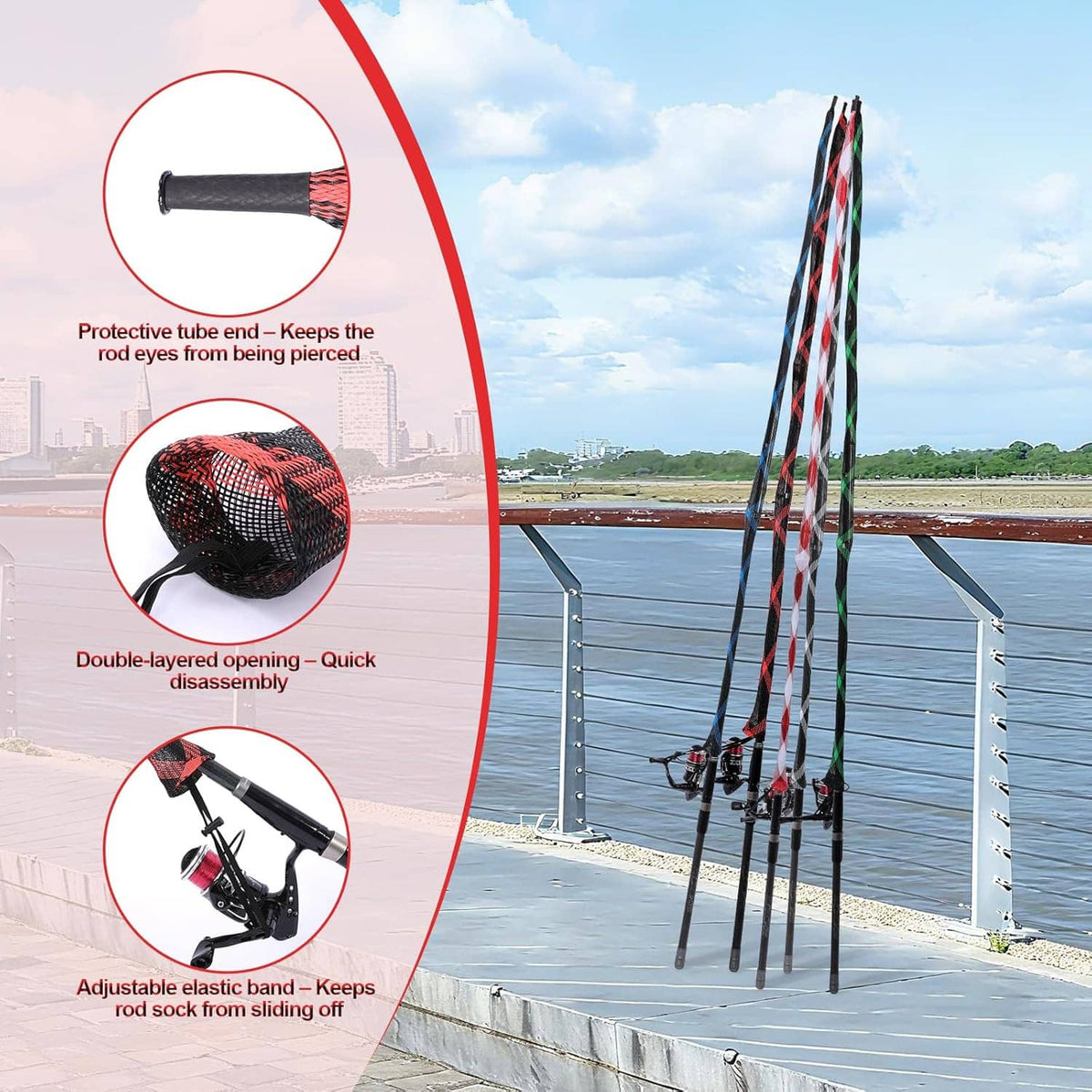 Fishing rod sleeve sock covers with elastic band and mesh tube opening for rod tips