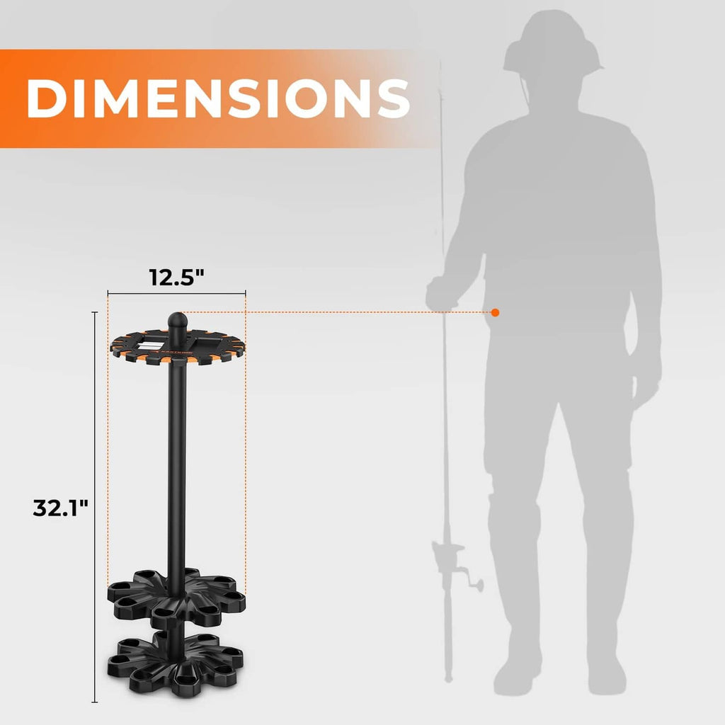 Black fishing rod holder stand with displayed height and base footprint dimensions