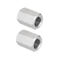 Stainless steel hex coupling nuts (2 pcs), silver, close-up view of internal threads