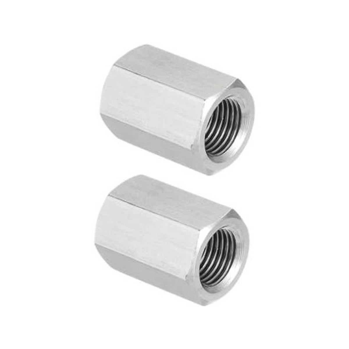 Stainless steel hex coupling nuts (2 pcs), silver, close-up view of internal threads