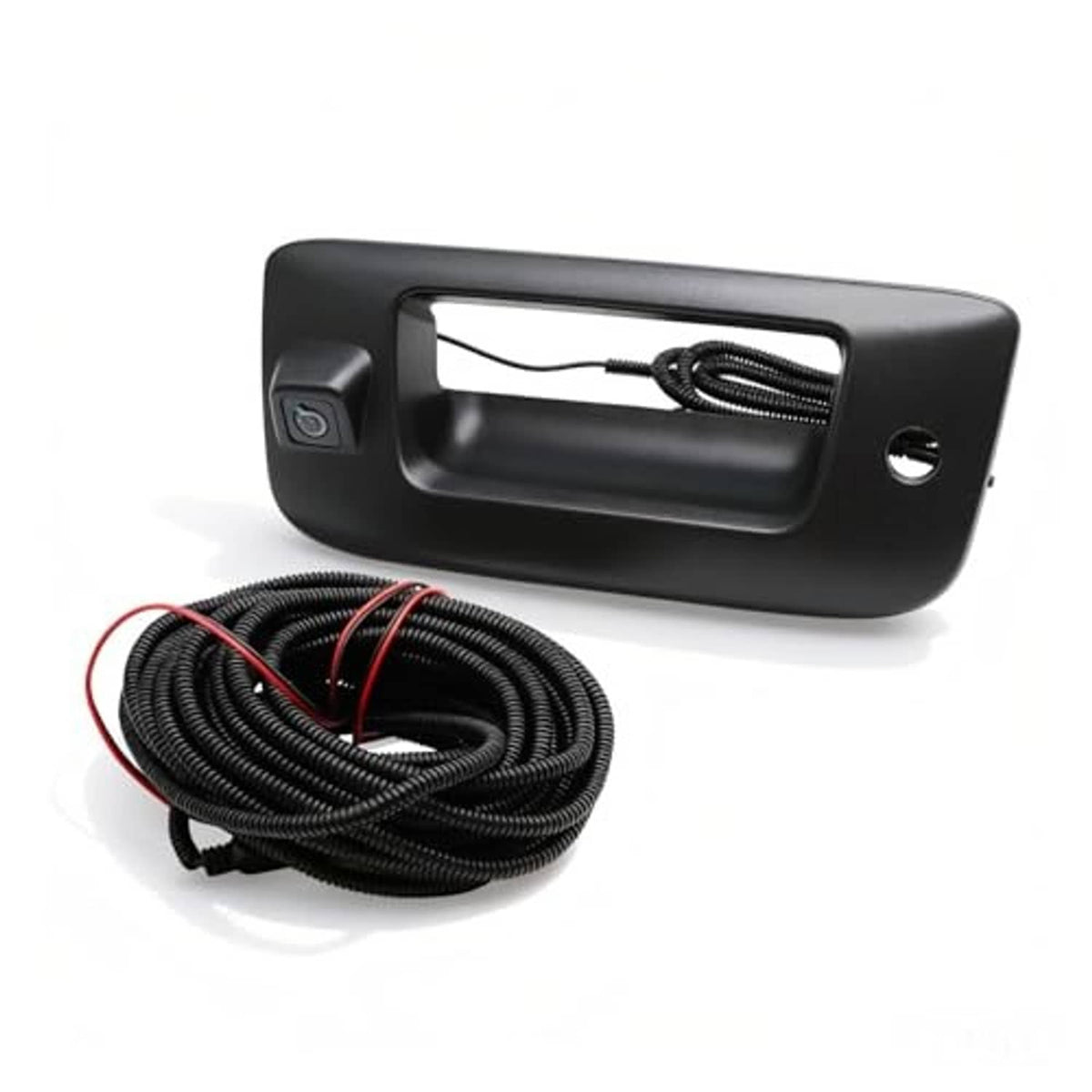 Black rear backup camera tailgate handle with coiled cable and connector loop