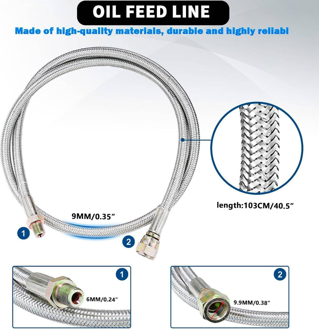Braided stainless oil feed line with two end fittings and protective crimped connectors