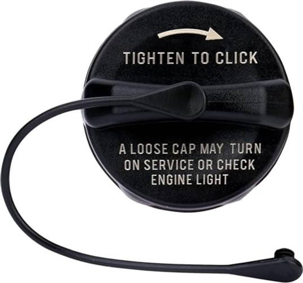 Fuel tank filler cap with tighten-to-click arrow and check-engine light text