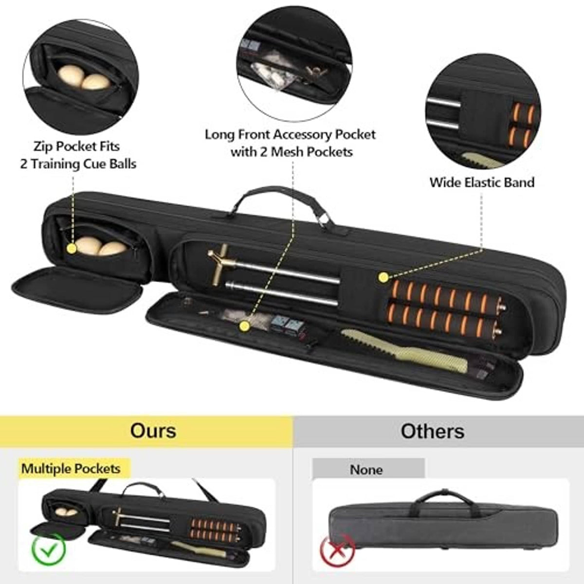 Black pool cue case with zip pockets, long front accessory pouch, and elastic band detail