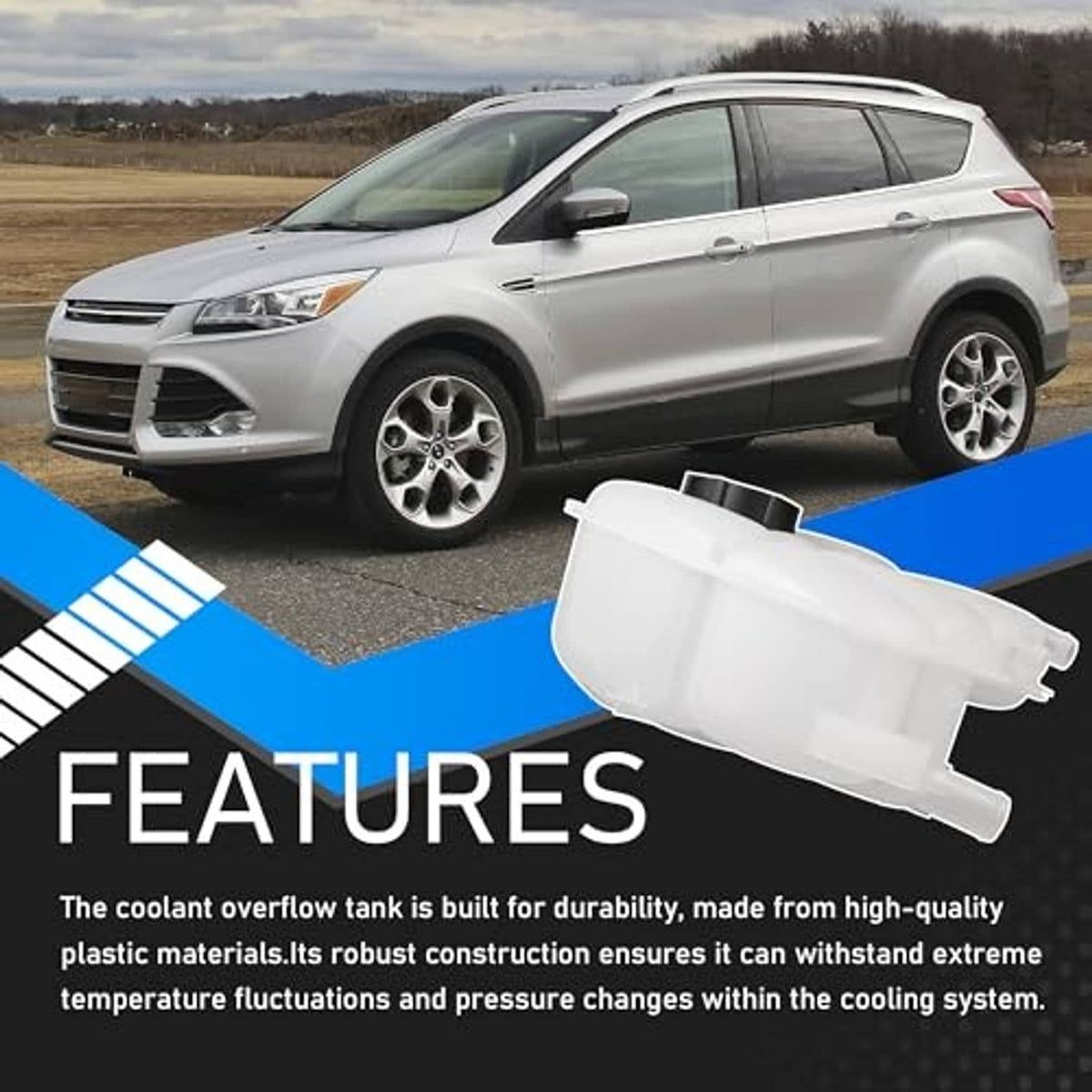 Engine coolant recovery reservoir tank with black cap, white plastic replacement part
