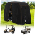 Black 2-seat golf cart cover with door openings and side panels, fitted enclosure