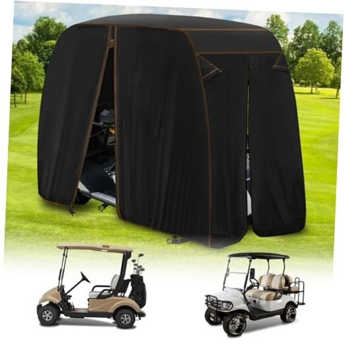 Black 2-seat golf cart cover with door openings and side panels, fitted enclosure