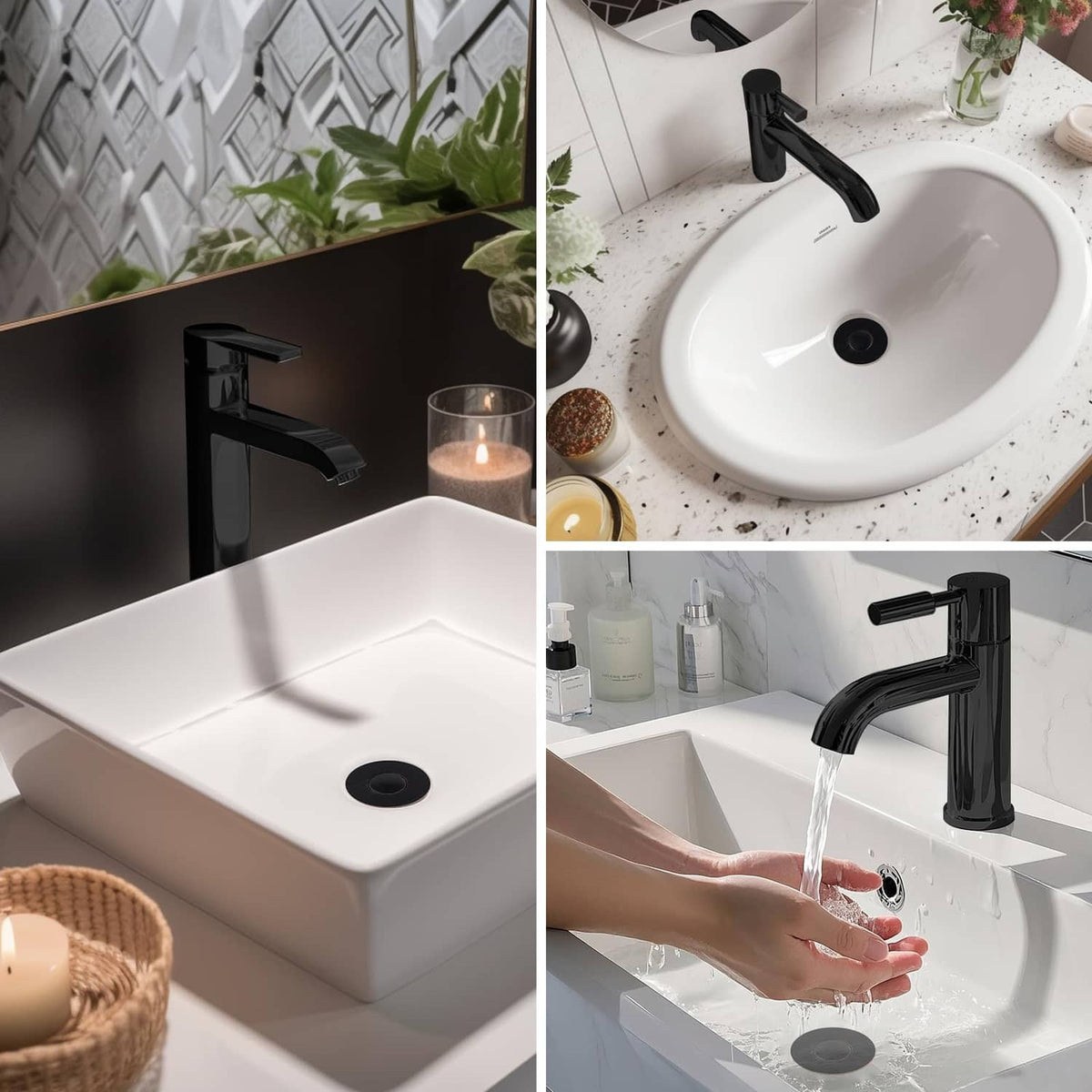 Black bathroom sink pop-up drain stopper set into a round opening on the basin