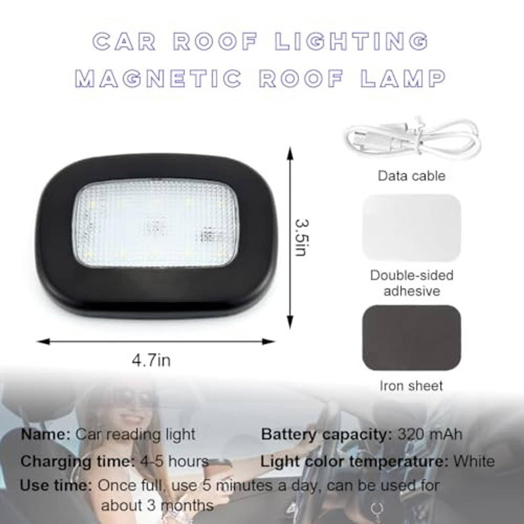 Black LED car roof light with USB data cable, double-sided adhesive pads, and iron sheet