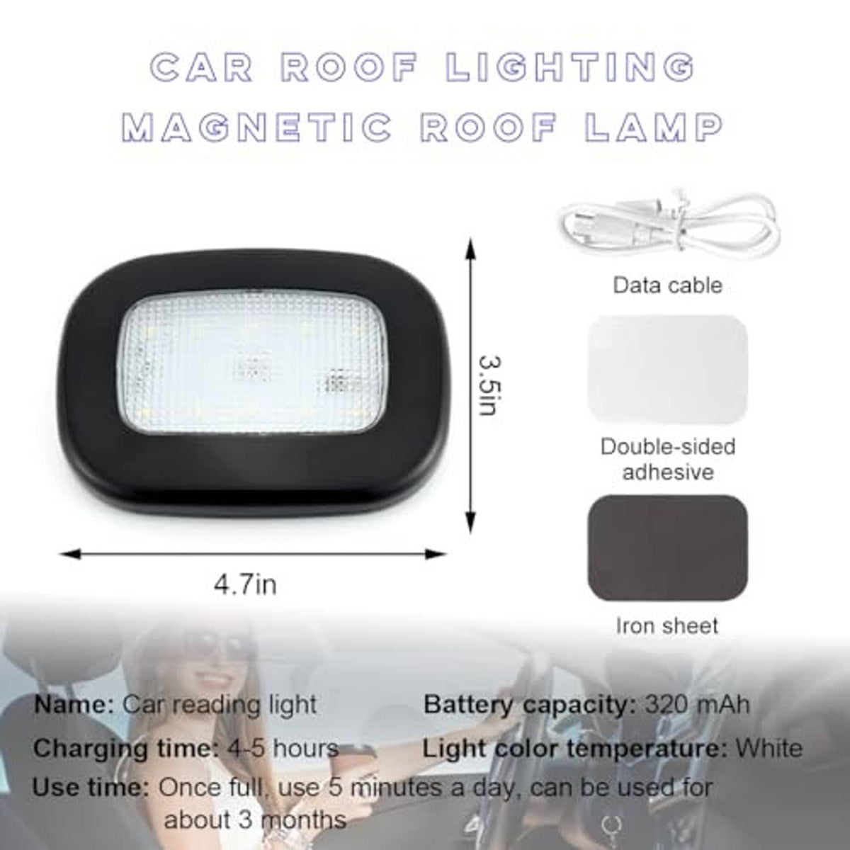 Black LED car roof light with USB data cable, double-sided adhesive pads, and iron sheet
