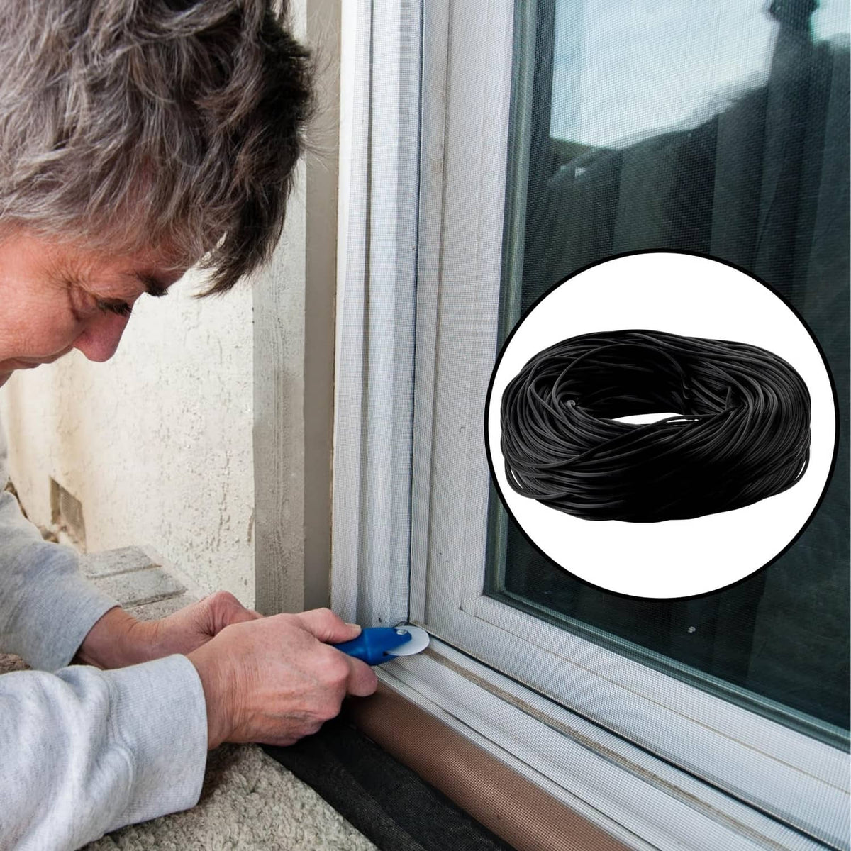 Black window screen spline pressed into window frame slot