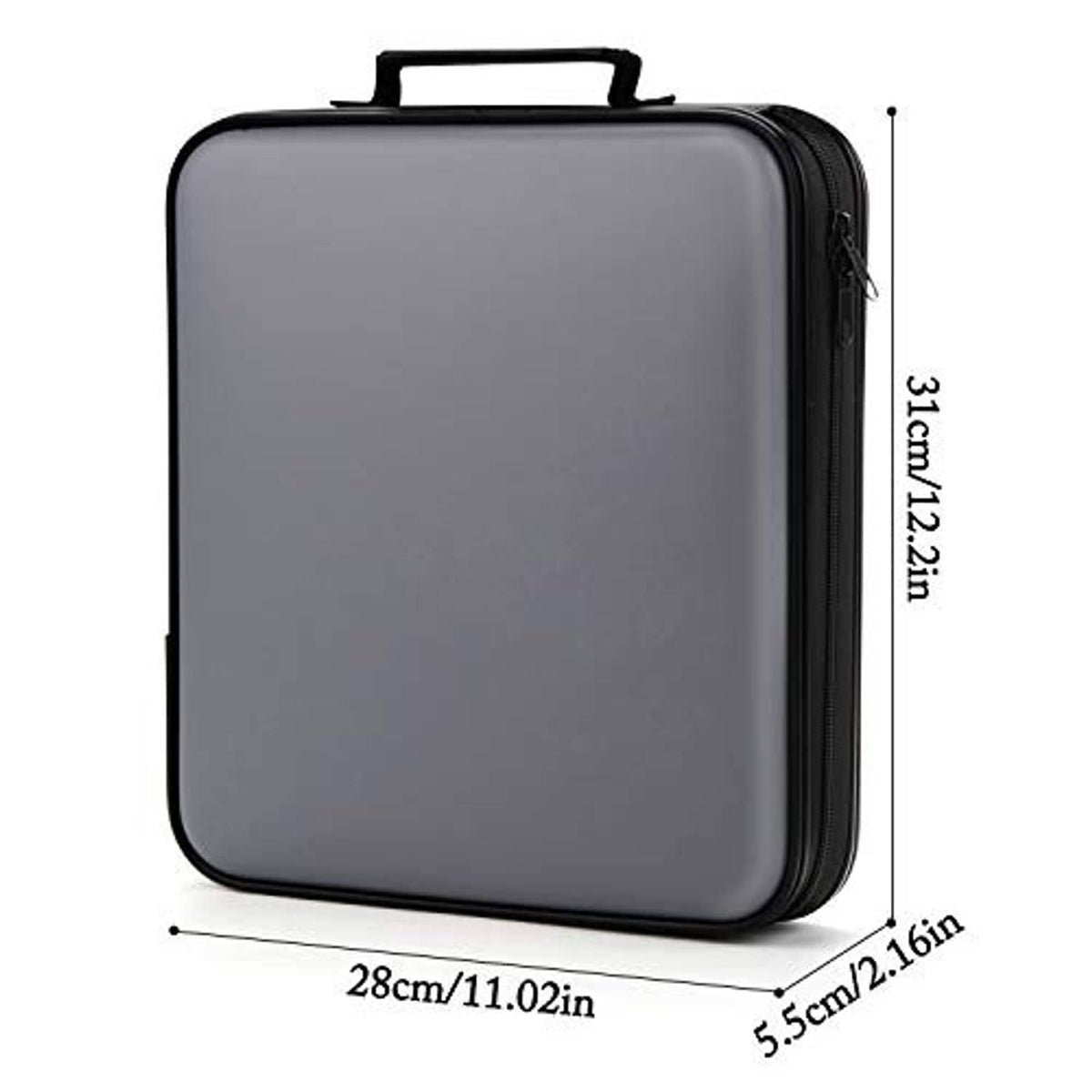 Grey CD storage case with black zipper trim and handle; size marked on sides.