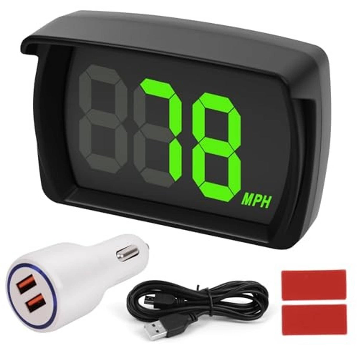 Black HUD speedometer with green digits reading 28 MPH, plus white USB car charger and cable