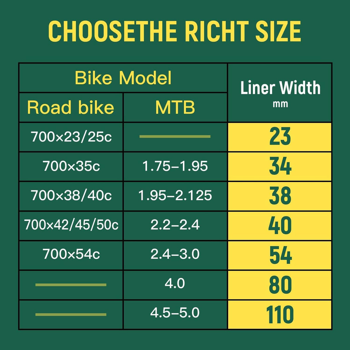 Fat bike tire liner width size chart table with numbers for liner widths