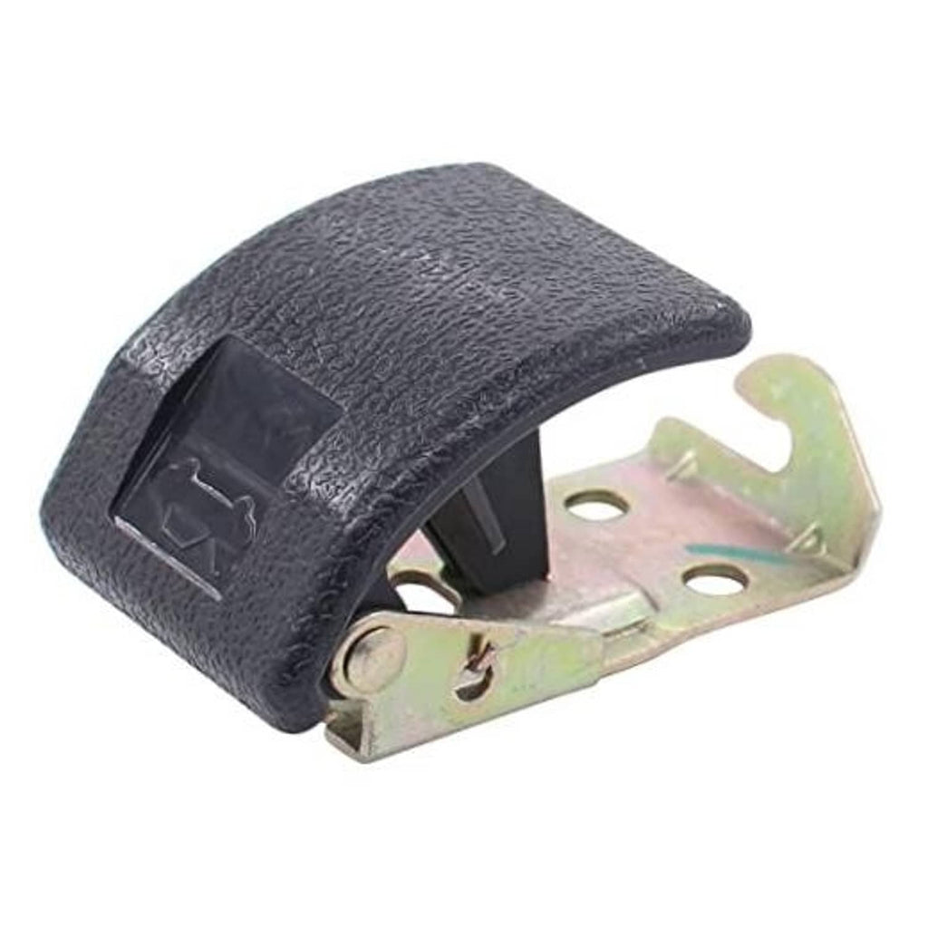 Hood lock release handle with black textured grip and metal bracket with latch tab