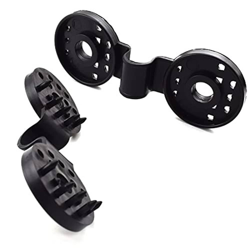 Black plastic shade net clips with round base and locking tab, three pieces