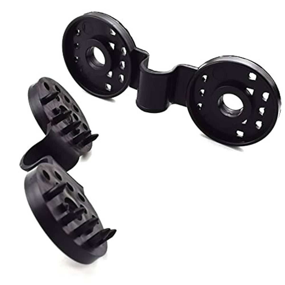 Black plastic shade net clips with round base and locking tab, three pieces