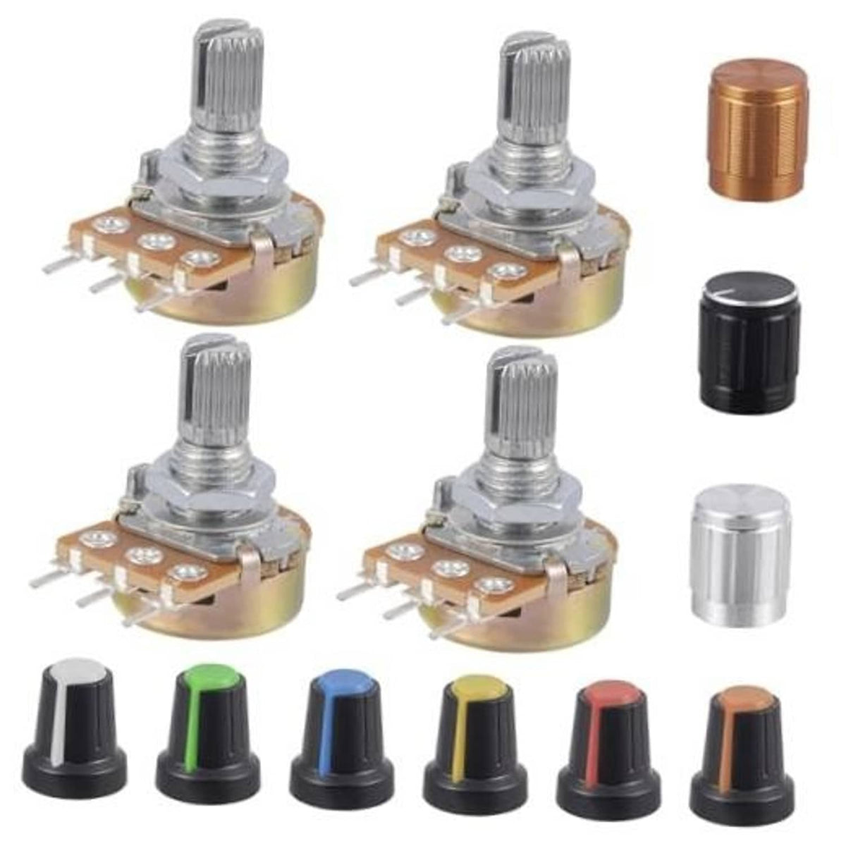 3-pin variable potentiometer with silver shaft and assorted colored knob caps