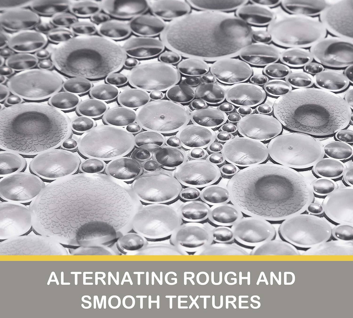 Pebble bath mat with raised bubble-and-stud texture for slip-resistant traction