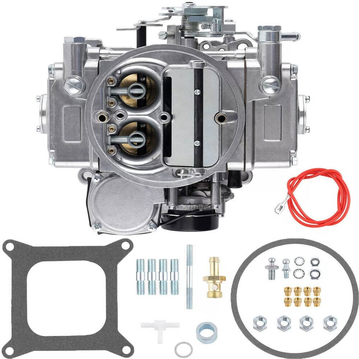 Performance 4-barrel carburetor with gaskets and fittings, shown with red wire harness
