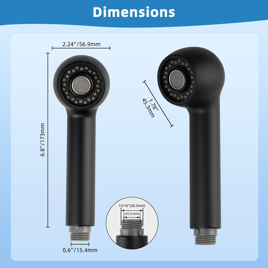 Matte black pull-out sink sprayer head replacement, front and side size views