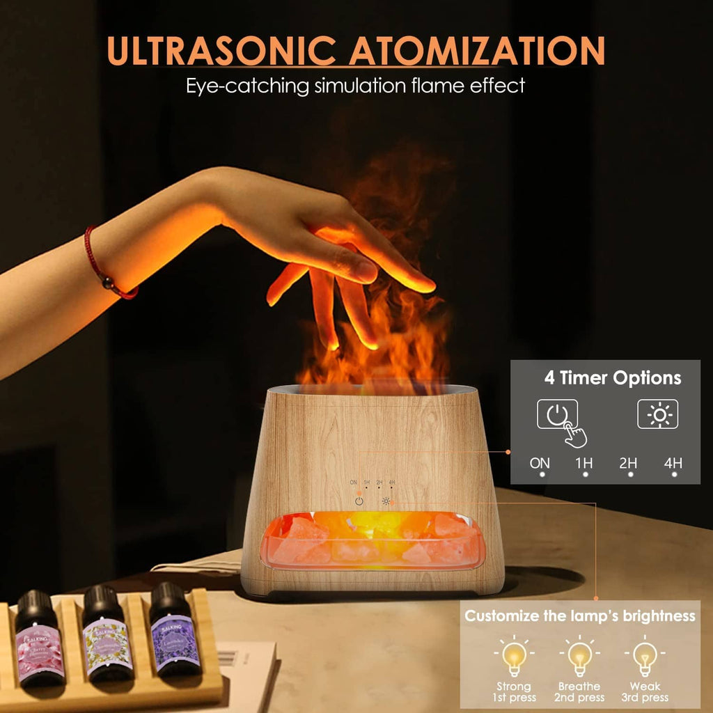 Wood-grain salt lamp diffuser with clear top and visible pink Himalayan salt crystal bed