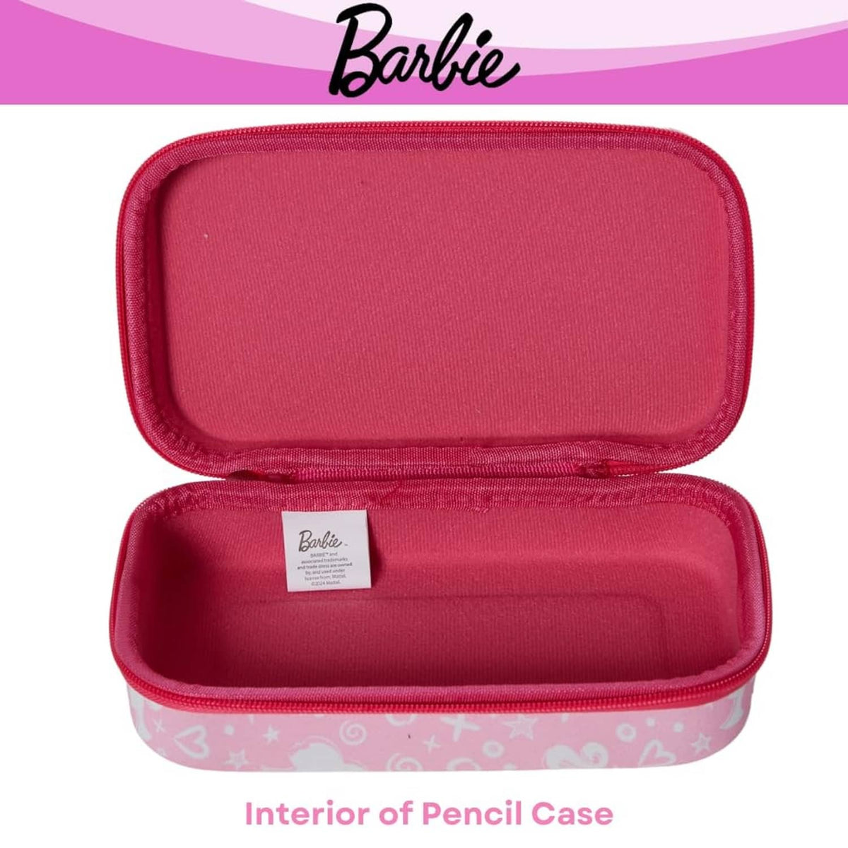 Interior of pink pencil case with red fabric lining and small brand label inside