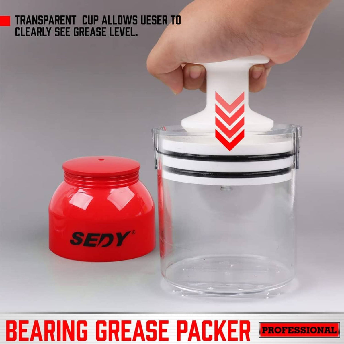 Manual bearing grease packer with clear cup and white piston plus red grease jar