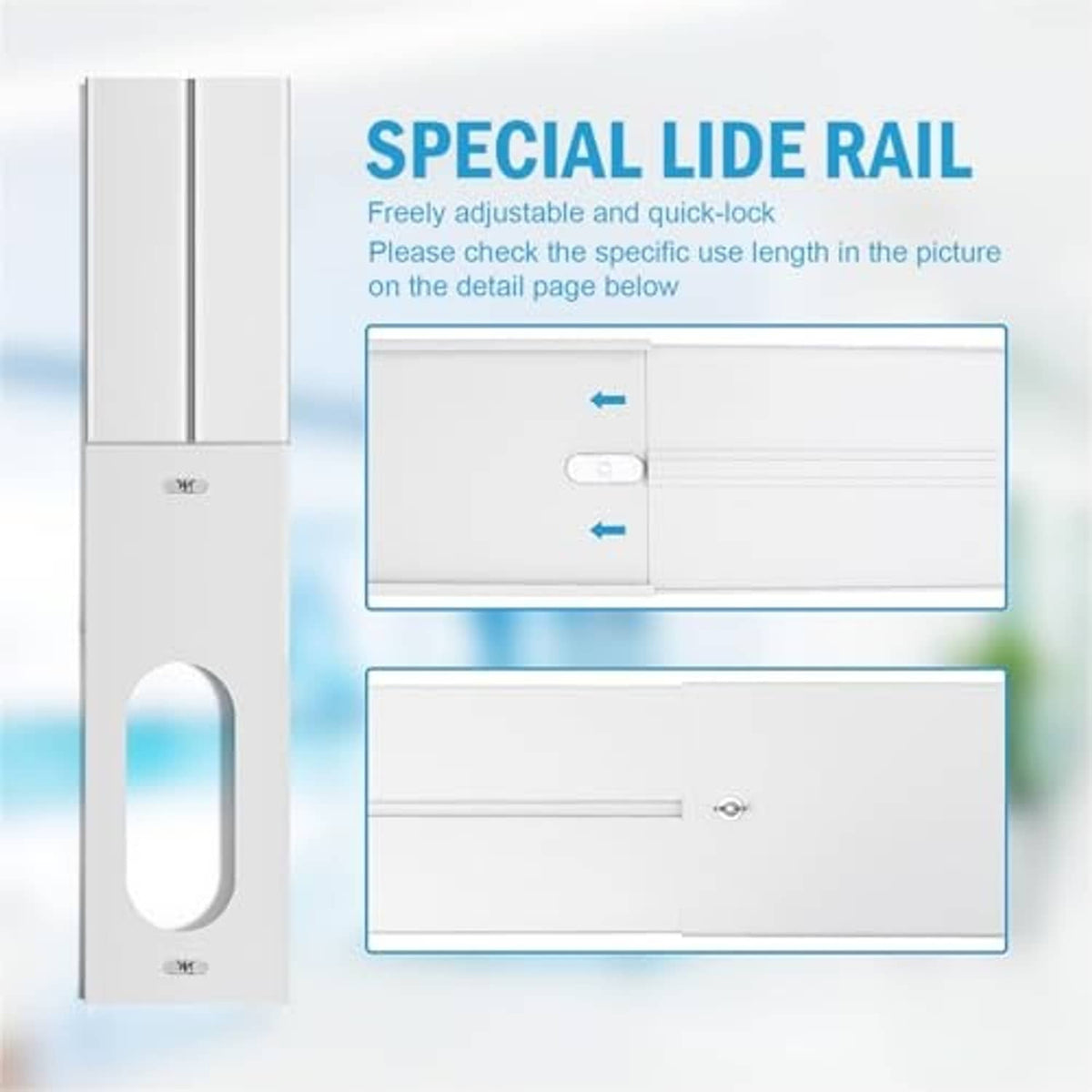 Adjustable white slide rail with quick-lock mechanism for AC window kit