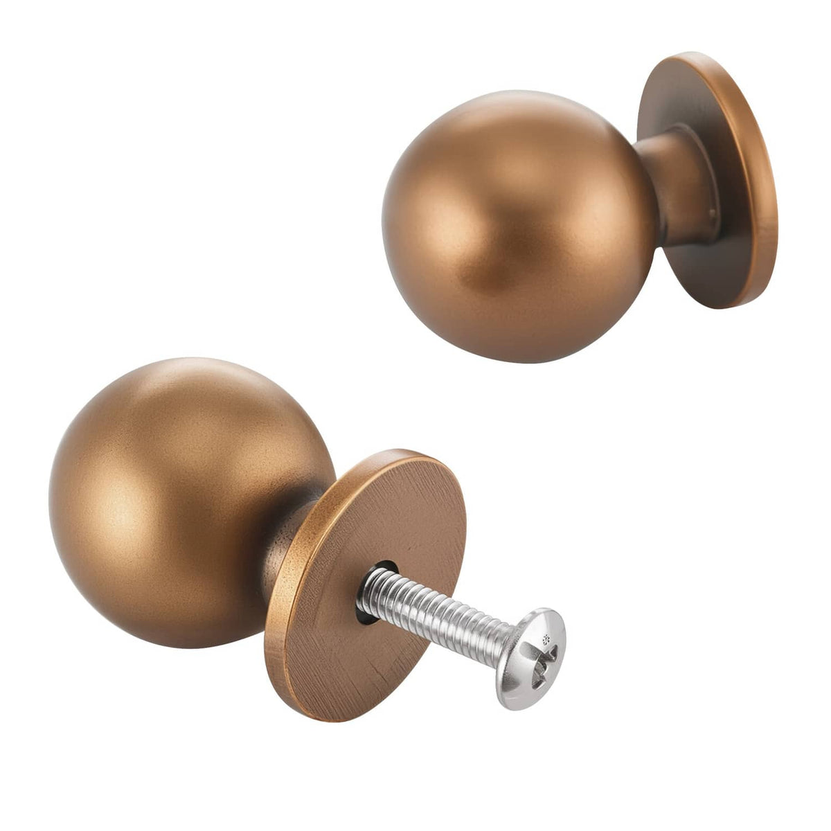 Pair of round bronze cabinet knobs with mounting screws and back plates
