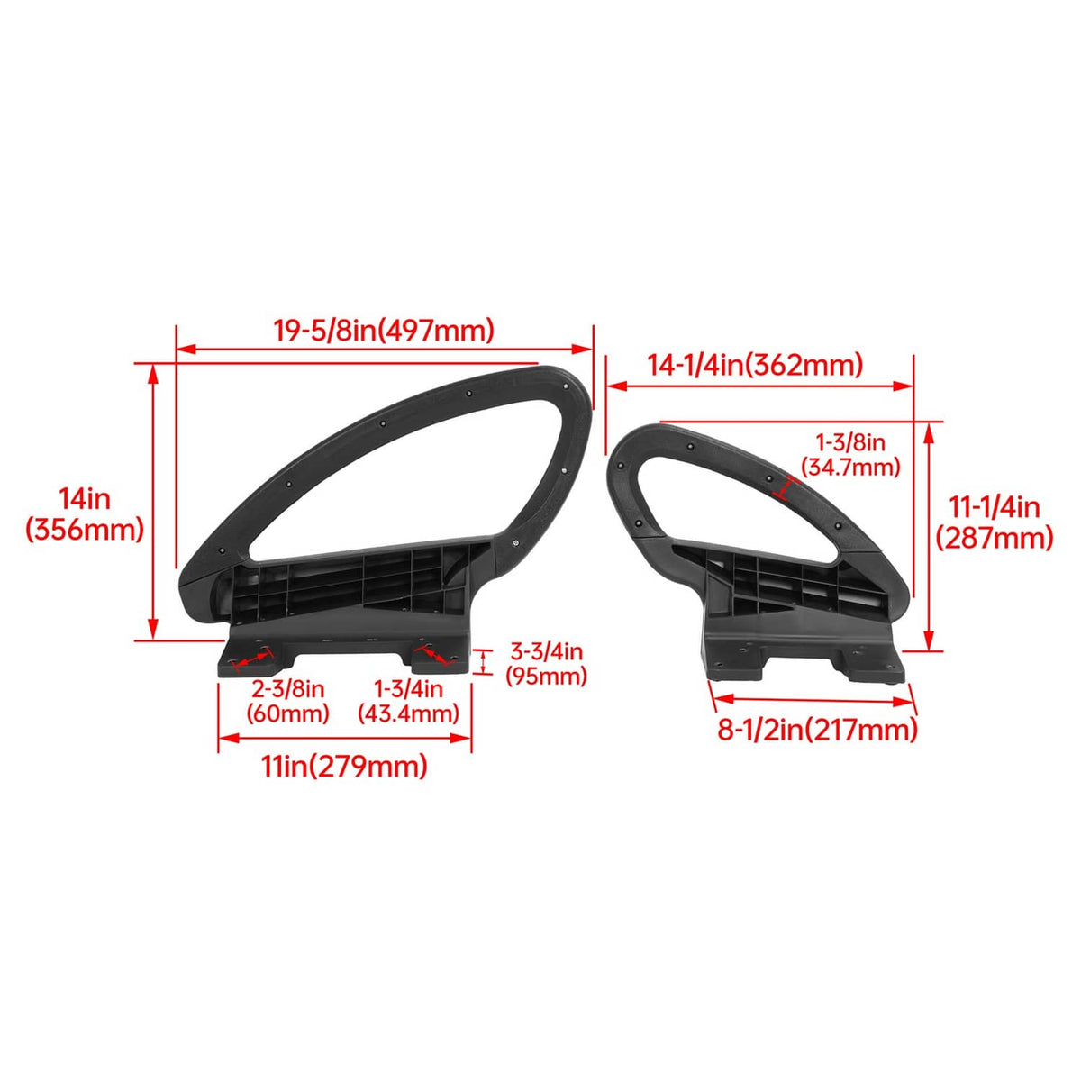 Black hip restraint handle dimensions diagram with labeled measurements