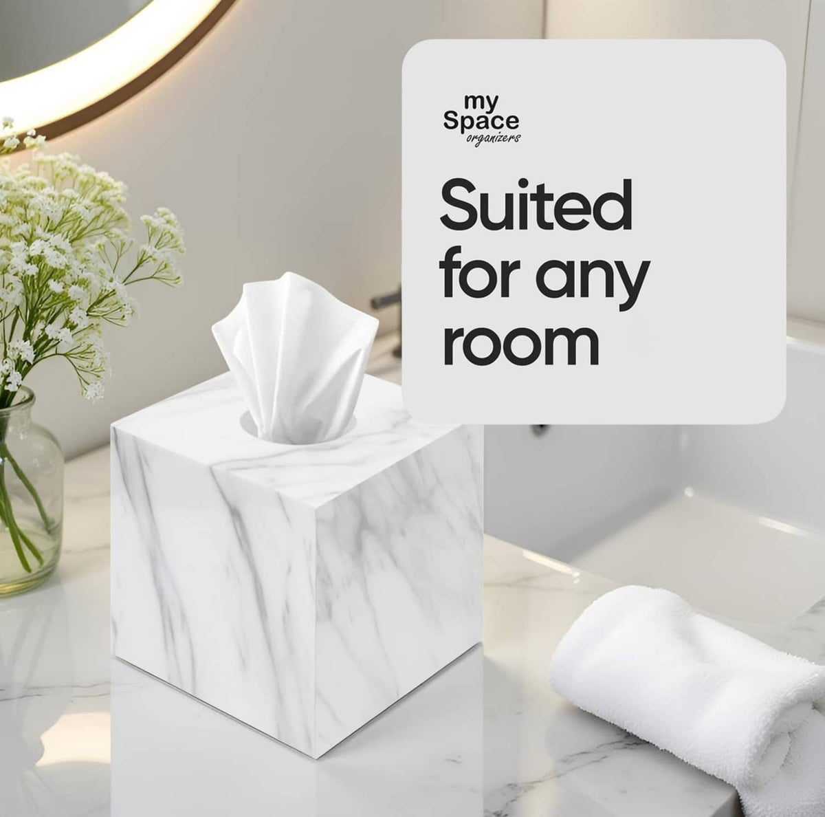 Square marble-pattern tissue box cover, white tissues tucked into the top