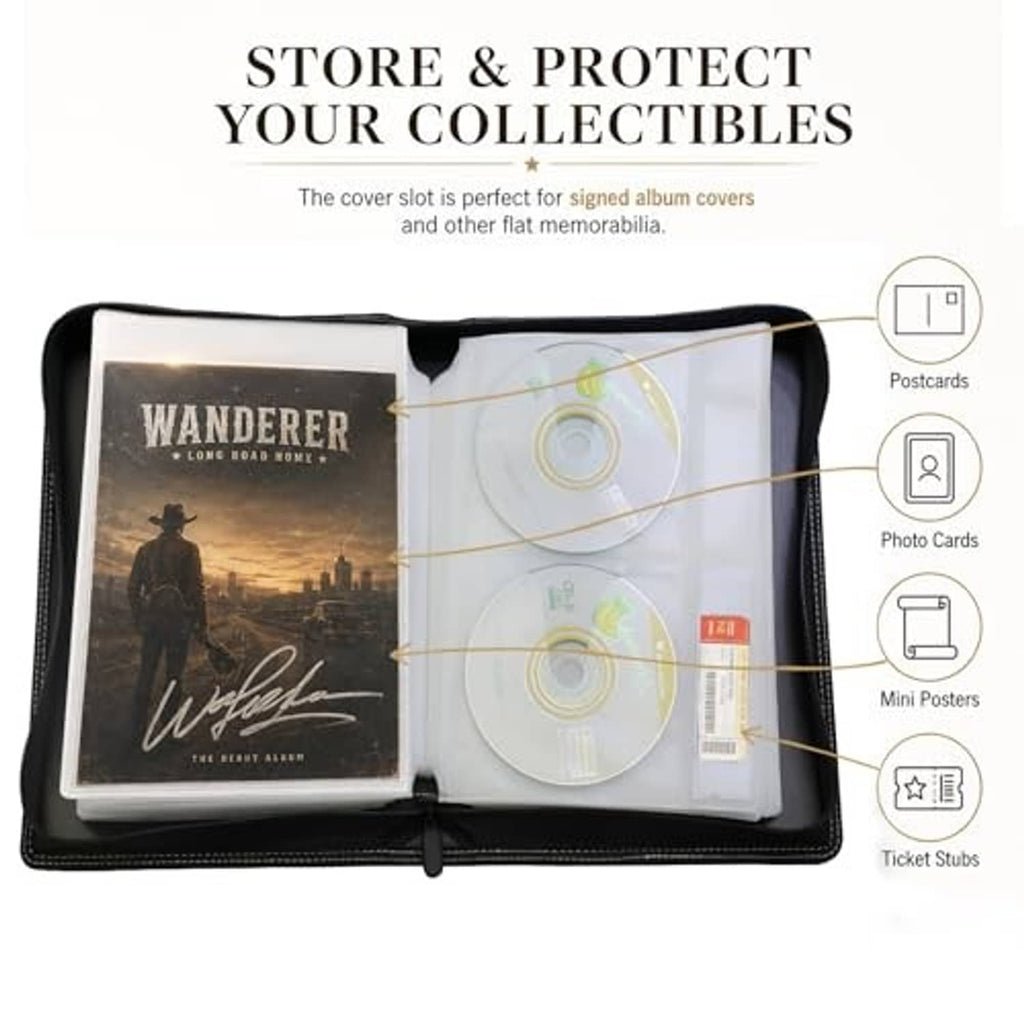 Black CD/DVD binder open with disc sleeves plus cover pocket for booklets or cards